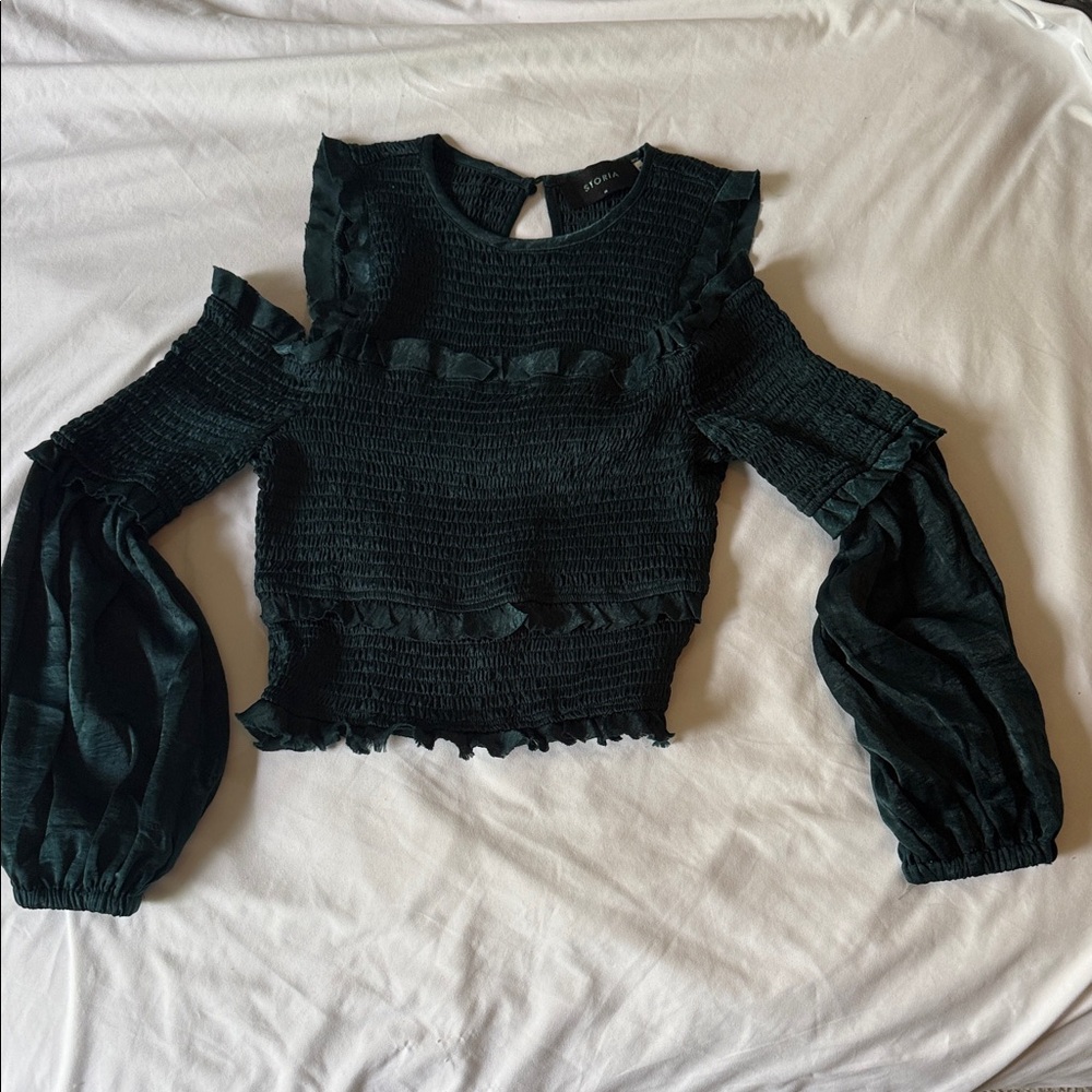 Storia Black Smocked Cold-Shoulder Ruffle Blouse